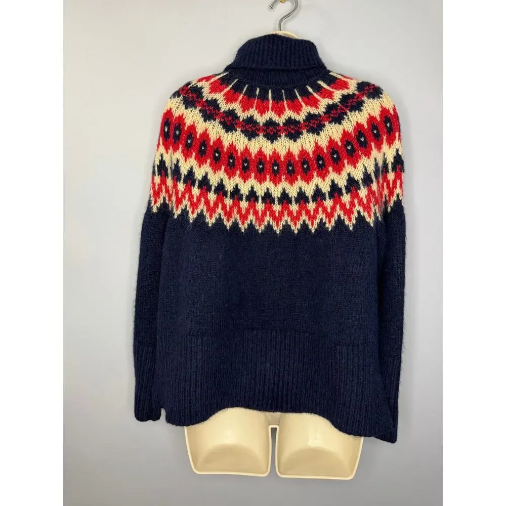 Gap Fair Isle Wool Turtleneck Sweater Navy Split-Hem Red Cream Pattern Sz XS New